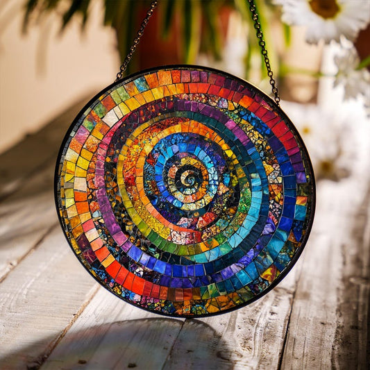 Rainbow Spiral Glass Suncatcher, Stained Glass Style Window Hanging